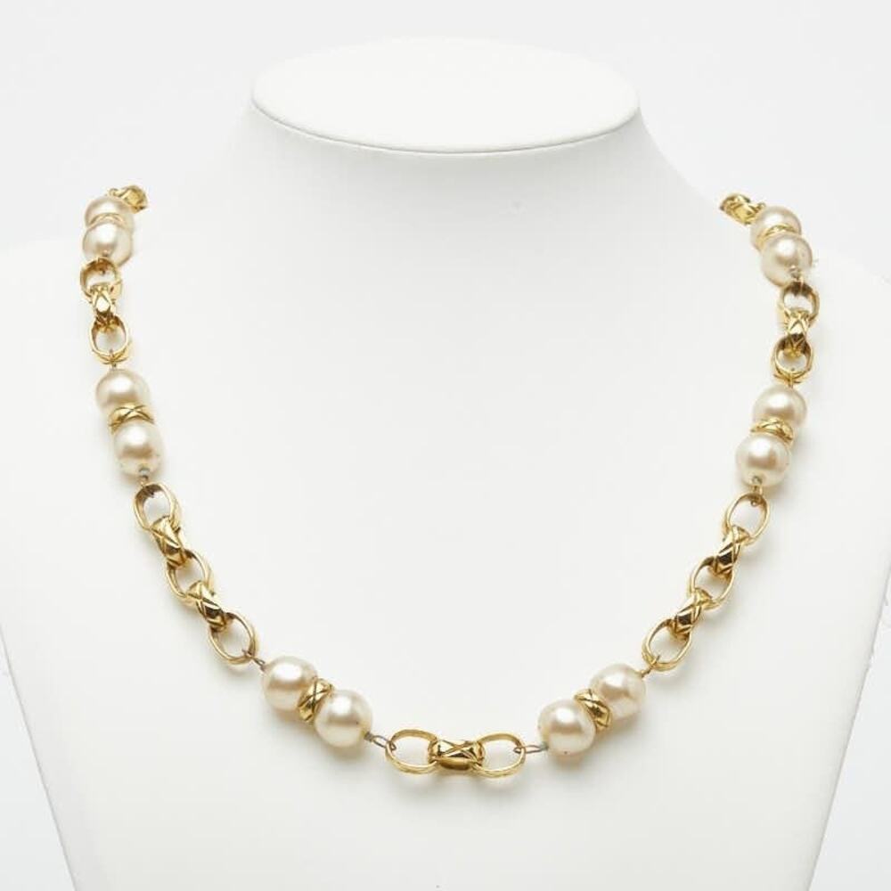Chanel 23 Mark Chain Necklace Faux Pearl Plated Gold